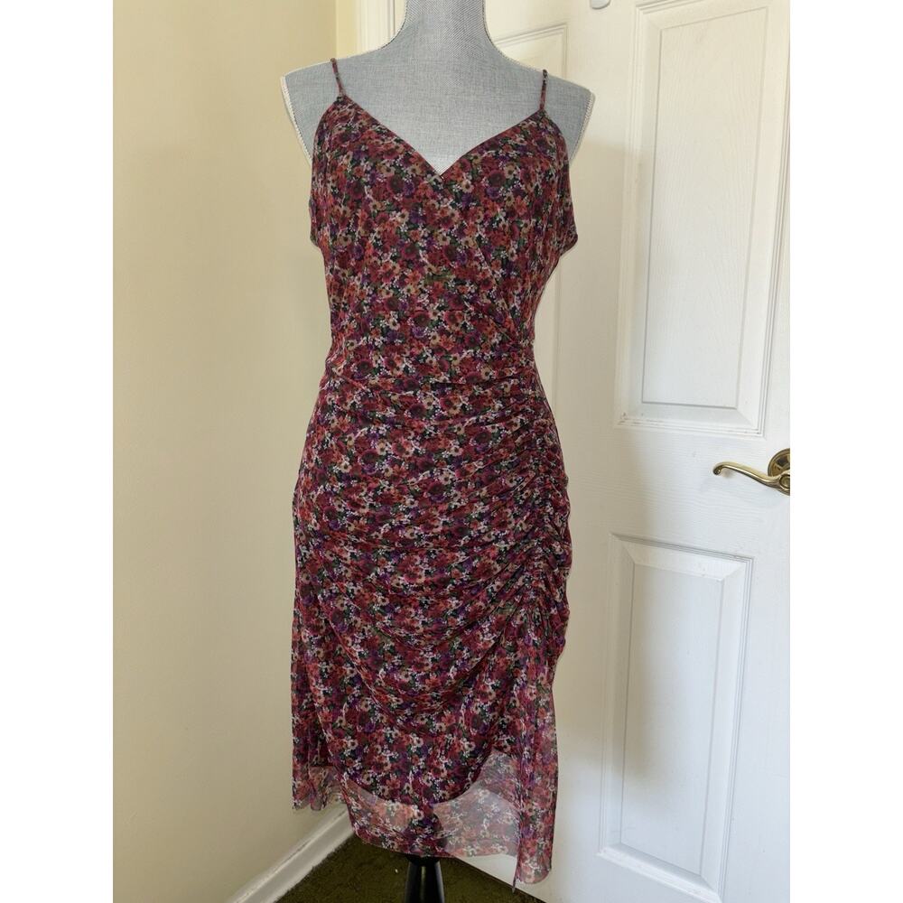 NWOT BCBGeneration Floral Rouched Slinky Mesh Midi Dress 12 Dark Romantic